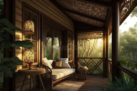 Wooden Hut with Openwork on Porch Jungle Interior Design Stock ...