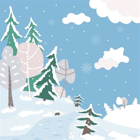 Cute cartoon winter forest landscape. Snowy park background. Flat ...