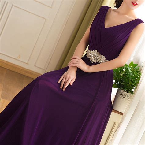 Fashion Elegant Grape Purple Evening Dresses A Line V Neck Chiffon Prom Gowns,New Arrival Formal ...