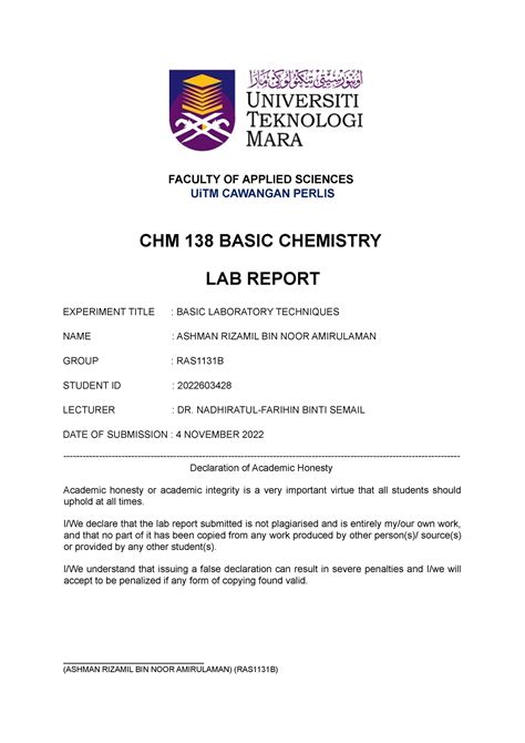 CHM 138 LAB Report Experiment 1 Ashman FACULTY OF APPLIED SCIENCES