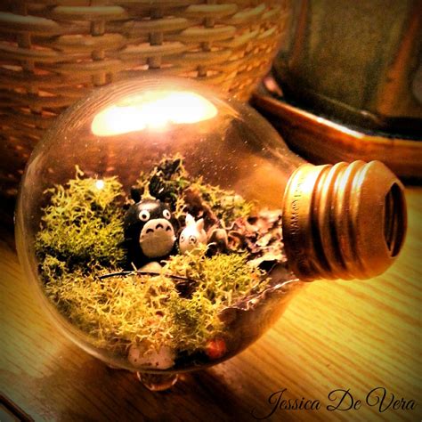 DIY: light bulb terrarium with a clay model of totoro. nature vs technology art project ...