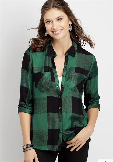 Maurices Buffalo Plaid Button Down Shirt Bright Hunter Green Combo