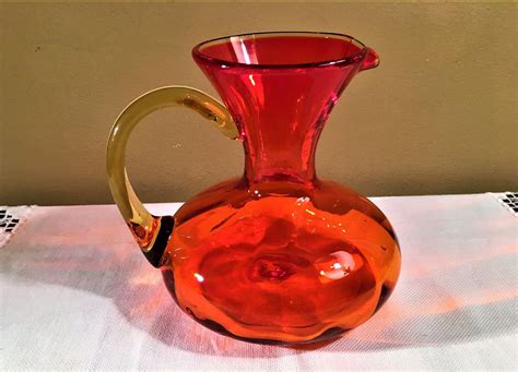 Tangerine Orange Hand Blown Blenko Heavy Glass Pitcher Orange Etsy