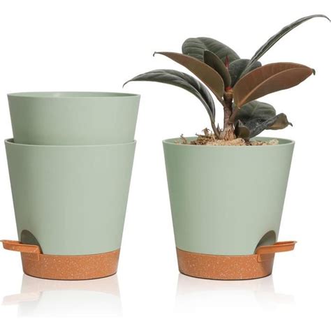 3 Pcs Pots De Fleurs En Plastique Vert 14Cm Auto Arrosant Soucoupe Pot