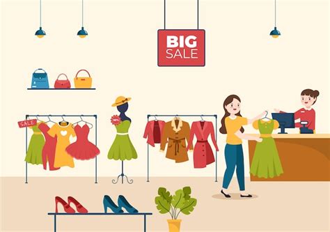 Tienda De Ropa De Moda Para Mujeres Plantilla Ilustración Dibujada A Mano Con Ropa De Compras O