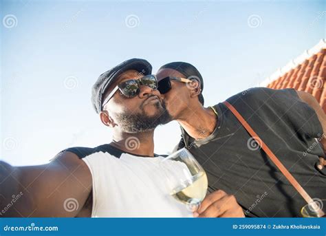 Close Up Of Happy African Gay Boyfriends Kissing For Camera Stock Photo Image Of Black Mutual
