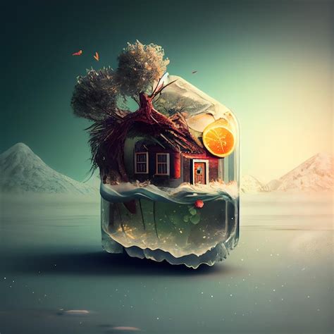 Premium AI Image | Fantasy house in ice cube 3D illustration Vintage style