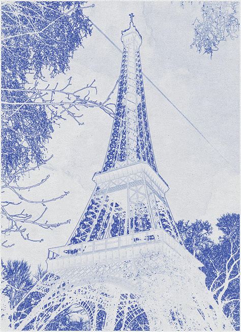 Blueprint Drawing Of Eiffel Tower Under Blue Sky Digital Art By