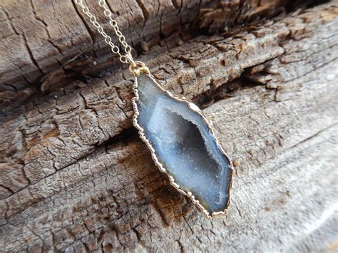 Geode Half Druzy Cave Necklace 24K Gold Gray Blue Drusy Etsy