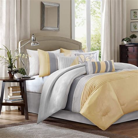 King Size 7 Piece Bed Bag Comforter Set Faux Silk Yellow Gra