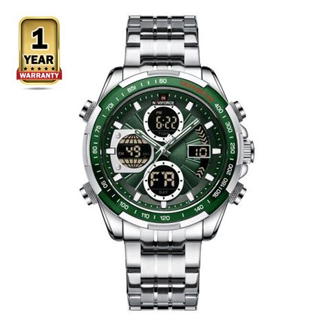 Naviforce NF9197 Stainless Steel Dual Time Watch For Men Green And Silver