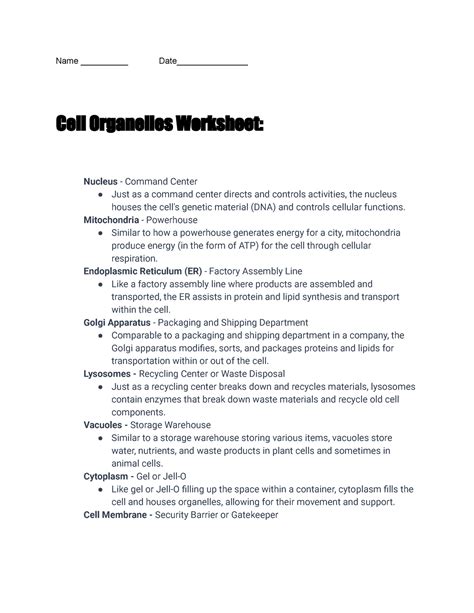 Cell Organelles Analogies Worksheet Answers Name Date Cell