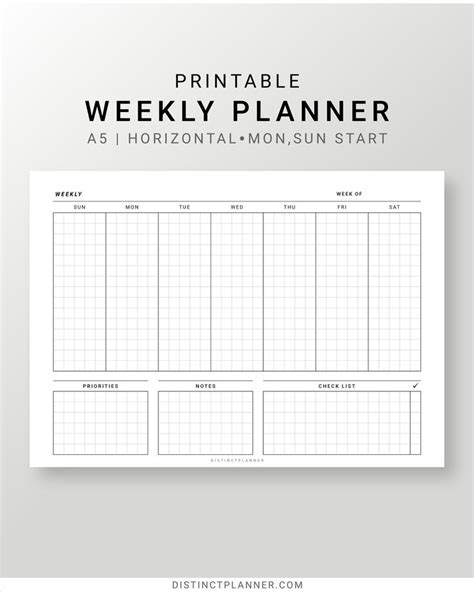 Undated Weekly Planner Printable A5 Horizontal Weekly Inserts