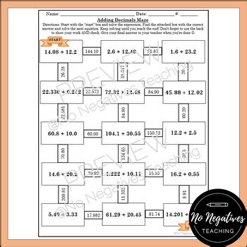 Adding Decimals Maze By No Negatives Teaching Tpt