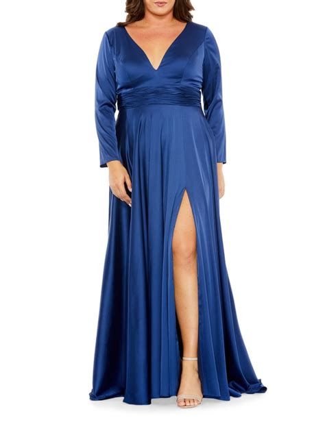 Mac Duggal Womens Fabulouss Long Sleeve Pleated Plus Size Gown In