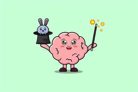 Cute Cartoon Brain Magician With Bunny Character Ilustración Del Vector