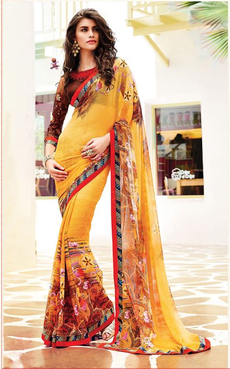 Mustard Faux Chiffon Printed Saree With Blouse Saree Printed