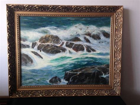 Vintage Oil Painting On Board Of Waves Crashing On The Rocks And