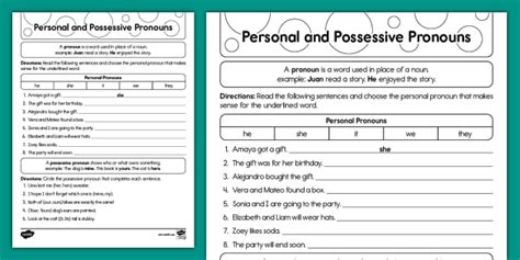 Second Grade Personal And Possessive Pronoun Activity