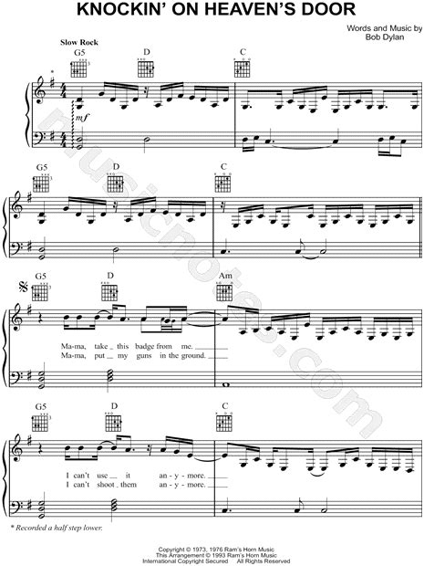 Guns N Roses Knockin On Heaven S Door Sheet Music Easy Piano In G