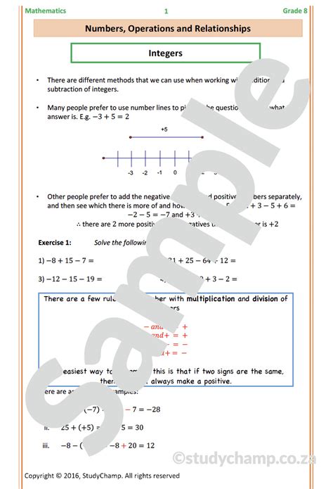 Grade 8 Mathematics Workbook Integers Rate And Ratio Worksheets Library