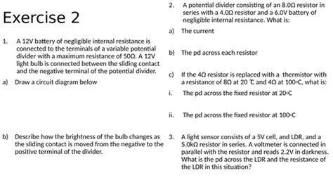 A Level Physics Electricity 5 Potential Dividers Teaching Resources