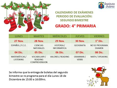 Instituto Juárez 4 Primaria Calendario de exámenes