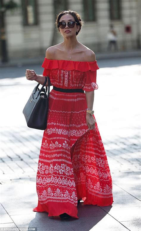 Myleene Klass Wears Red Bardot Maxi Dress In London Daily Mail Online