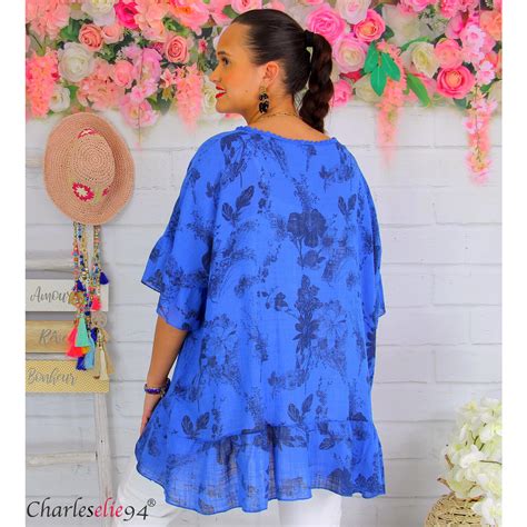 Blouse Tunique Coton ALVINA Été Femme Grande Taille Bleu Royal