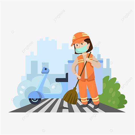 Sanitation Worker Vector Png Images Minimalistic Flat Cartoon Cleaner