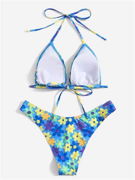 Emmiol Free Shipping Blue Floral Halter Bikini Set Blue S In