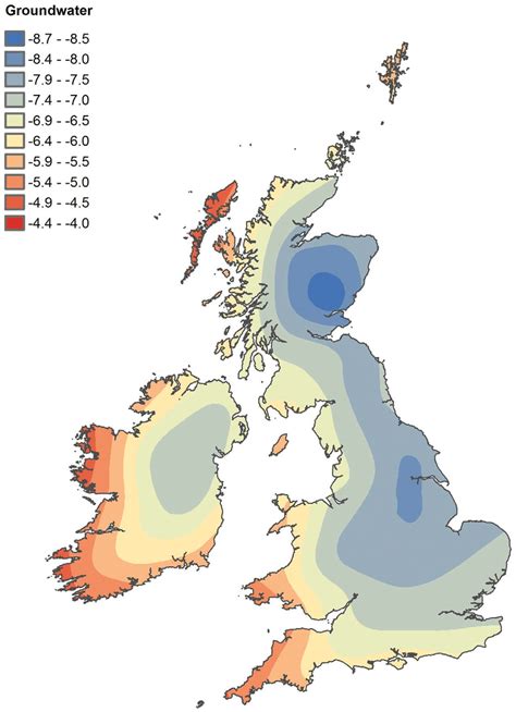 Groundwater oxygen isotope ratio distribution values from Britain and ...