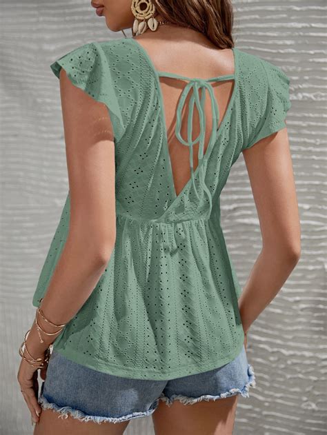 Shein Frenchy Eyelet Embroidery Ruffle Armhole Tie Backless Peplum Tee