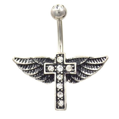 Angel Winged Cross Belly Ring Clear Gems BodyDazz