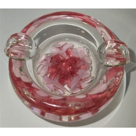 St Clair Art Vintage Art Glass Ashtray Pink Flower Paperweight Hand Blown Bubble Joe St