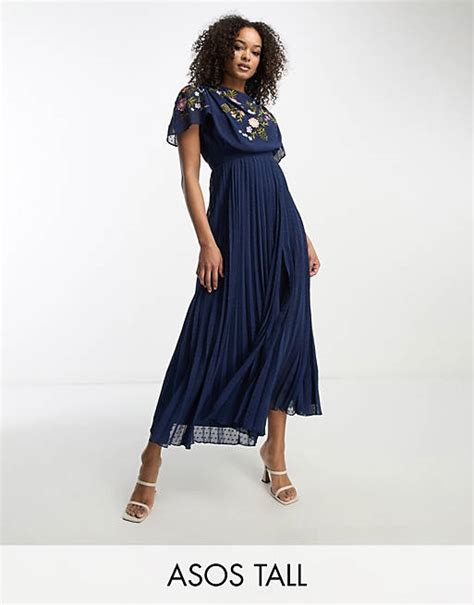 Asos Design Tall Pleated Textured Cowl Front Embroidered Midi Dress In