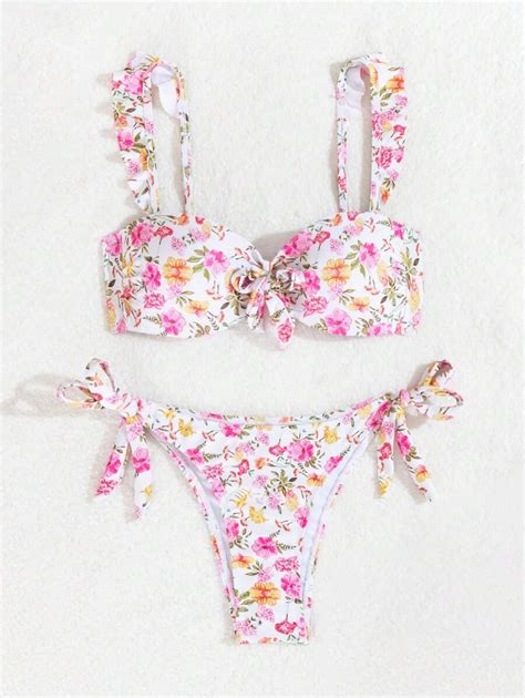 Shein Vcay Women S Summer Beach Floral Printed Front Knot Sexy Bikini