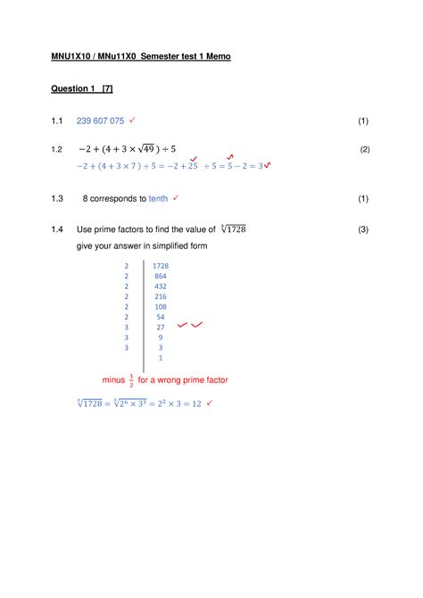 MNU Semester Test 1 Revised Memo 2023 MNU1X10 MNu11X0 Semester Test