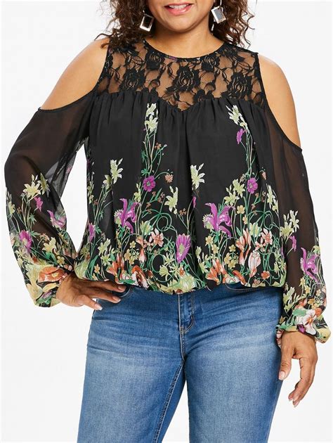 Plus Size Lace Trim Print Sheer Blouse Plus Size Outfits Blouses For