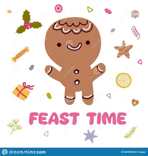 Cute Gingerbread Man Doodle Character Surrounded By Festive Elements