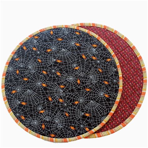 Halloween Quilted Round Placemats, Black Orange Spiders Table Mats, Set ...