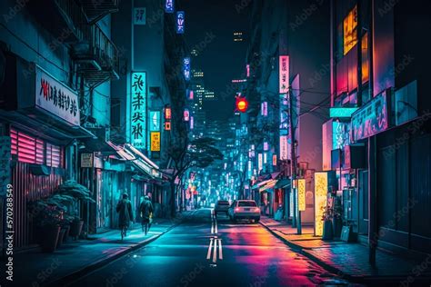 Neon night city street in Tokyo. Generative AI Stock Illustration | Adobe Stock