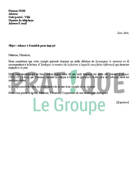 Lettre de relance amiable suite à un impayé Pratique fr