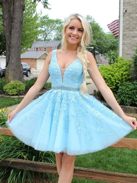 A Line V Neck Ice Blue Short Lace Prom Dress, Ice Blue Short Lace Home ...