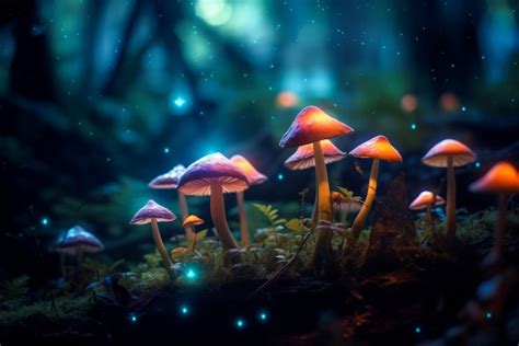 Premium Photo Fantasy Glowing Mushrooms In Mystery Dark Forest