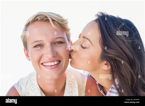 Pretty Brunette Kissing Her Girlfriend Stock Photo Alamy