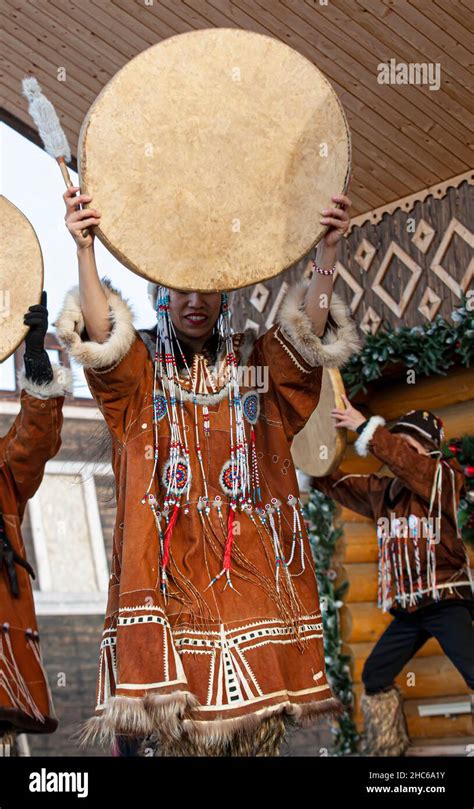 Folk ensemble performance in dress of indigenous people of Kamchatka ...