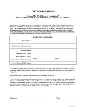 Fillable Online CITY OF BROWNWOOD Request For BCertificateb Of