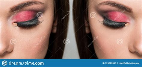 A Face Da Mulher Antes E Depois De Retouch Foto De Stock Imagem De