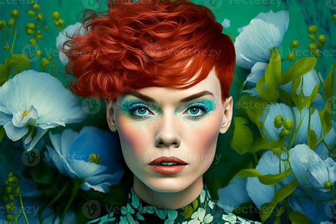 Fantasy Hairstyle For Short Red Hair With Blue Flower Decorations Generative Ai 28132401 Stock